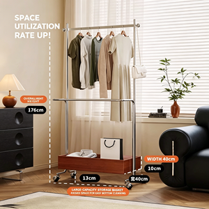 Minimalist Rolling Garment <b>Rack</b> With Wooden Storage Box Stainless Steel <b>Clothes</b> Rail Mobile Clothing Stand For Retail Display - Product Image 2