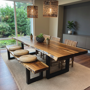Suar Slab Wood Dining Table Set with <b>Bench</b> and Chairs Minimalist Modern Comfortable Design for Home Dining Room Furniture - Product Image 2
