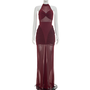 Viviblook D26DS180 Vestidos de verano para mujer, vestido largo de noche plisado con retazos de malla transparente sin mangas - Product Image 2