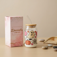 Mug en verre borosilicate en forme de canette pour café, bière, cola, avec couvercle en bambou et paille, idéal pour les fêtes et Halloween, cadeau