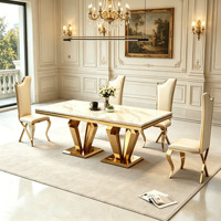 Ensemble de table à manger rectangulaire moderne de luxe en marbre, 6 places, avec pieds en acier inoxydable, pour usage hôtelier