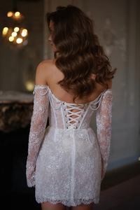 Abito <span class=keywords><strong>da</strong></span> <span class=keywords><strong>Sposa</strong></span> <span class=keywords><strong>Mini</strong></span> Ruolai HL688 con Cerniera Posteriore, Lacci, Perle, Catena, Maniche Lunghe in Pizzo e Vita Basque - Product Image 2