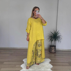 Women's Casual Cotton <b>Linen</b> <b>Set</b> Long Top Wide Leg Pants With Pockets Green Gray Beige Pink Yellow White S M L XL 2XL 3XL - Product Image 2