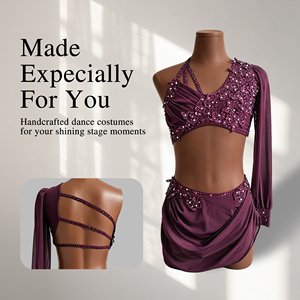 Costume de danse lyrique Plum, manches longues, strass, 2 pièces, moderne, jazz, compétition, performance, vêtements de danse pour femmes et filles - Product Image 3