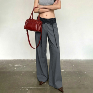 Pantalon large chic français gris à taille haute avec cordon de serrage et ceinture en dentelle, coupe ajustée polyvalente, style décontracté - Product Image 2