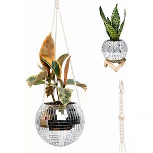 Disco Ball Planteur Table Suspendue Pitch <span class=keywords><strong>Corde</strong></span> Support En Bois <span class=keywords><strong>Avec</strong></span> Trous De Vidange Bouchons pour Soins Des Plantes Intérieur Extérieur Bureau Patio <span class=keywords><strong>Pot</strong></span> - Product Image 2