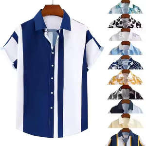 Nouvelle <span class=keywords><strong>grande</strong></span> <span class=keywords><strong>taille</strong></span> hommes imprimé 3D lâche rayé Cardigan revers chemise tissé à manches courtes avec motif solide - Product Image 1