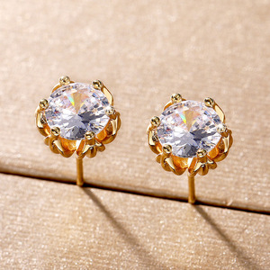 Orecchini a bottone in rame placcato oro con zirconi intarsiati, regalo di San Valentino, gioielli da donna - Product Image 6