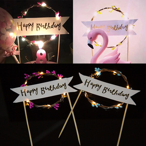 Cake Decor Vine Wreath Light Plug Romantic Forest Style Sweet Table Insert Birthday Happy Wreath Flag Plastic Handmade - Product Image 5