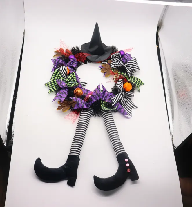 2022 Halloween Dekoration Haustür Kranz Halloween Wired Ribbon Kranz Spukhaus Künstliche Hexe Kranz Hängende Verzierung