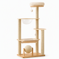 Arbre à chat en bois de chêne W4 132cm, tour à chat multi-niveaux avec boule de sisal rotative, hamac en toile, gamelle en acrylique, nid en peluche et sisal pour chats