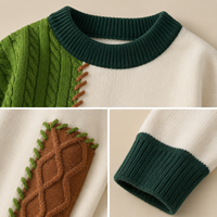 Suéter Personalizado para Hombre, Tejido con Parches, Diseño Irregular en Verde y Marrón, Costuras a Mano, Hombros Caídos, Estilo Urbano, para Uso Diario o Escolar