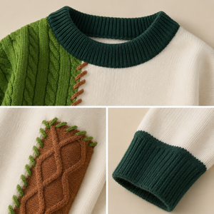 Suéter Personalizado <span class=keywords><strong>para</strong></span> Hombre, Tejido con Parches, Diseño Irregular en Verde y Marrón, Costuras a Mano, Hombros Caídos, Estilo Urbano, <span class=keywords><strong>para</strong></span> Uso Diario o Escolar - Product Image 5