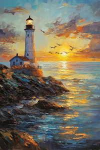 Pintado a mano puesta de sol pintura al óleo lienzo Costa paisaje marino playa faro escena decoración de pared - Product Image 5