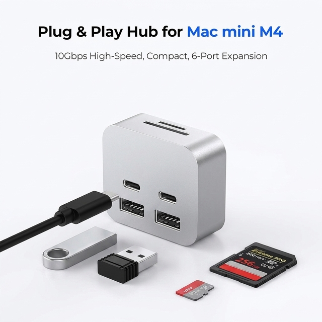 Tuti Mac Mini M4 HUB 5Gbps SD TF Card Reader Docking Station USB3.2 10Gbps Adapter Type-C Hub for Mac Mini M4
