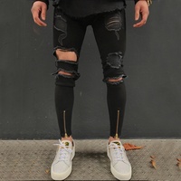 Jean déchiré et délavé sur mesure pour homme, style motard, coupe skinny, avec patchs rayés et fermeture éclair à la cheville