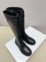 Bottes hautes noires à lacets pour femmes, bottes longues plates avec fermeture éclair latérale, chaussures à la mode automne-hiver