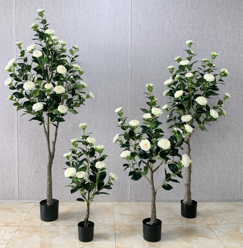 Rosa artificial de plástico para decoração de casa, flor bonsai, camélia, planta verde, vaso