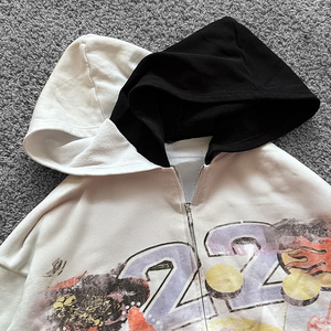 Sudadera con capucha negra extragrande personalizada con cremallera, lavado ácido, estampado digital vintage, gráfico de pedrería, corte cropped, doble capucha, para hombre, temporada de otoño - Product Image 3