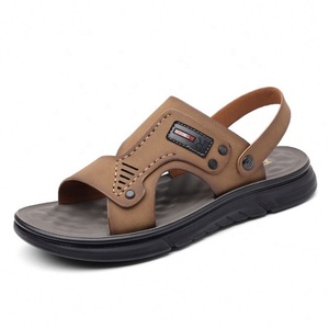 Sandales en cuir pour hommes, à bout ouvert, pour l'été, à enfiler, chaussures de plage, semelle extérieure en caoutchouc, semelle intermédiaire en EVA, doublure en PU, motif léopard, style uni - Product Image 5