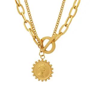 Классическое ожерелье с подвеской Элизабет, цепочка из нержавеющей стали, Двухслойное ожерелье с подвеской-монеткой