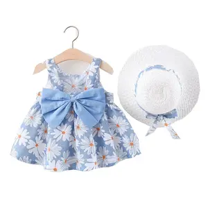 Low Price Baby Girl Clothing Summer New Floral Dress Big Bow Straw with Hat Gifts Girl Skirt 3D Sleeveless Flowers Sweet Support