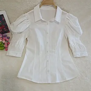 Customized High Quality Fashion Women Puffy Sleeves Tunic Women White Cotton Shirt