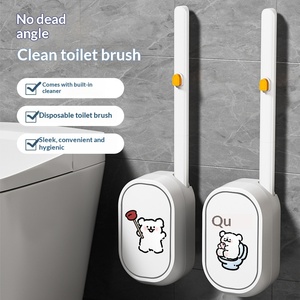 Cepillo de inodoro de esponja de dibujos animados, bonito, no pegajoso, montado en la pared, con estropajo y mango, desechable, para limpieza de baño sin rincones muertos - Product Image 3