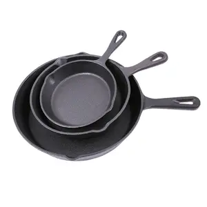 Wholesale custom sizes black kitchen round preseasond cast iron grill pan frying pan cookware set with handle