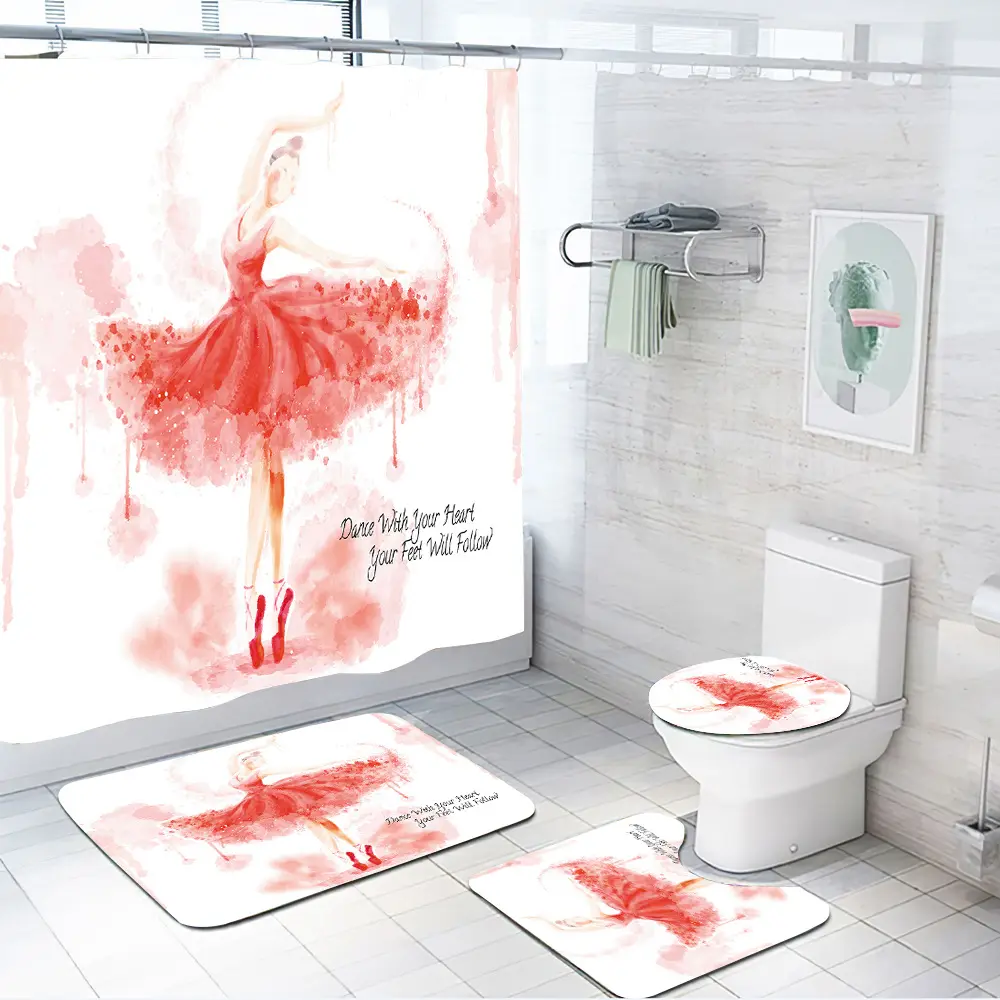 Sweet sixteen dress up di dancing Della Ragazza di Rosa serie Bianco Logo Personalizzato tenda della doccia set per il bagno 4pcs