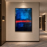 Toile abstraite bleu foncé minimaliste faite à la main, texture de lignes horizontales rouge marine, art mural pour la décoration intérieure de salon de luxe