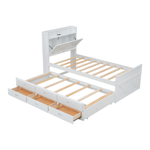 Twin Size Wooden <b>Bed</b> with <b>Storage</b> Headboard with Outlets Extendable <b>Bed</b> Trundle with Three <b>Storage</b> Drawers for Hotel Bedroom - Product Image 5