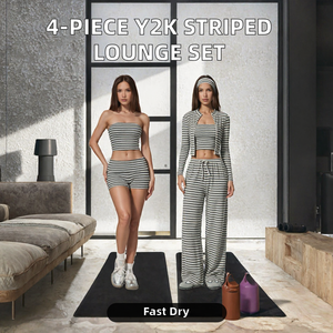 4 Piece Ribbed Yoga Set <b>Women</b> Tube Crop Top Cardigan Wide Leg <b>Pants</b> <b>Lounge</b> Outfit - Product Image 2