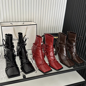 Fabricación de Botines Personalizados con Diseño Otoño-Invierno, Punta Cuadrada, Tacón <span class=keywords><strong>Grueso</strong></span>, Antideslizantes, con Cordones, <span class=keywords><strong>para</strong></span> Mujer - Product Image 1