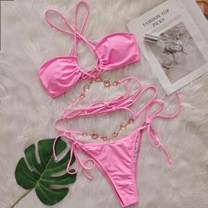 Maillots de bain sexy pour femmes avec lien latéral, string <span class=keywords><strong>triangulaire</strong></span>, décoration en strass, maillots de bain à col halter, couleur unie, ensemble de 2 pièces - Product Image 6