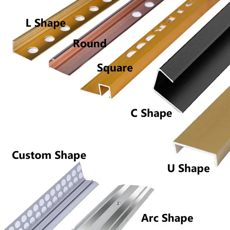 थोक सी/यू/एल/आर्क/स्क्वायर/गोल/कस्टम आकार रंग टाइल ट्रिम कॉर्नर प्रोफ़ाइल सिरेमिक सजावटी सोना एल्यूमिनियम टाइल एज ट्रिम
