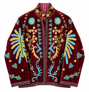 Luxury Burgundy <b>Velvet</b> Embroidery Solid <b>Women</b> Handmade Bomber <b>Jacket</b> Breathable Quick-Dry Cotton Lining V-neck Thick Winter Long - Product Image 3