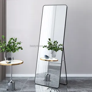 Espejo de pie Rectangular con marco de aleación de aluminio y oro negro, para dormitorio, con esquina redonda
