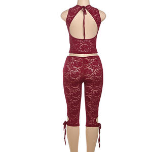 GX6264 Fashion 2025 Summer Women <strong>See</strong> <strong>Though</strong> Nigh Club Wear Sleeveless Lace Hollow <strong>Top</strong> and Half Length Pant 2 Piece Set Women - Product Image 4