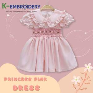 Vestido de Niña de Alta Calidad, Ecológico, Transpirable, Dulce, Sólido, Estilo Princesa, Manga Abullonada, Color Rosa, Corte en A, Bordado, Fruncido, Hermoso - Product Image 1