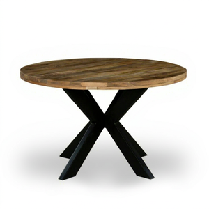 Mesa de Comedor Redonda de Madera Maciza para 6 Personas con Patas Cruzadas de Metal Negro, Mesa de Centro para Sala de Estar Estilo Rústico, Decoración del Hogar - Product Image 1