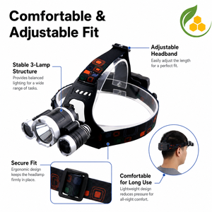 Lampe frontale LED à trois faisceaux inductifs à lumière rouge pour apiculture, mains libres, contrôle par geste, sans perturber les abeilles pour la vérification nocturne des ruches - Product Image 3