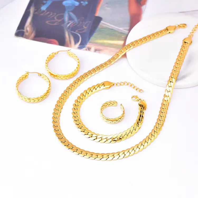 Fashion 18K Gold Plated Hip Hop Style Snake Chain Necklace Earrings Bracelet Ring Stainless Steel Jewelry Set For Men and Women