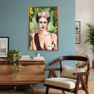 Printed Canvas: Frida with Tea Cup, Birds Jungle Art for Home Decor,<b>GOLD</b> <b>FRAMED</b> CANVAS - Product Image 2