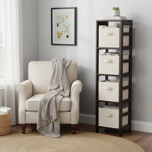 Scaffale di Stoccaggio Capri a 4 Sezioni con 4 Cestini in Tessuto Beige, Design Pieghevole Modello D0100HHCUBV per Stoccaggio Efficiente - Product Image 3