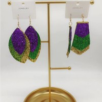 Prêt à Expédier Mardi Gras Boucles D'oreilles Violet Vert Or Dangle Glitter Boucle D'oreille pour La Nouvelle-Orléans Filles Pendientes De Carnaval Bijoux