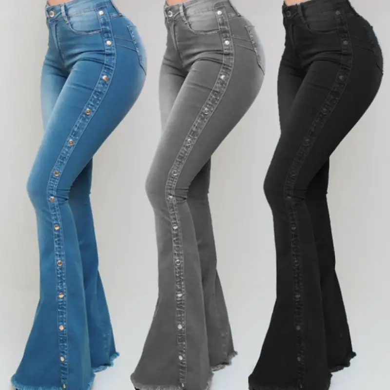 Rnshanger quần ống loe nữ co giãn cạp cao quần ống rộng nâng mông kiểu Hàn Quốc thường ngày quần bó đáy chuông có túi