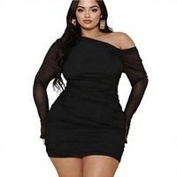 Robes mini en maille unie à épaules dénudées pour femmes grandes tailles |   Robe moulante transparente à une manche longue pour club et soirées d'anniversaire – Tenue d'automne