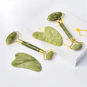 Hot Selling Natural Green Jade Stone Face Roller Guasha Skincare Tool Kit Personalized Facial Lifting Roller Gua Sha Massage Set