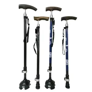 Bastão telescópico dobrável com quatro pernas, bastão para caminhada para idosos portátil, lâmpada multifuncional, antiderrapante